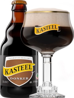 belgisches Bier Kasteel Donker in der 0,33 l Bierflasche mit vollem Bierglas