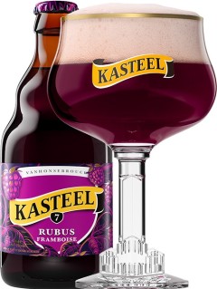 belgisches Bier Kasteel Rubus Framboise 0,33 l Bierflasche mit vollem Bierglas
