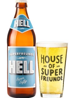 deutsches Bier Superfreunde Hell 0,5 l Bierflasche mit vollem Bierglas