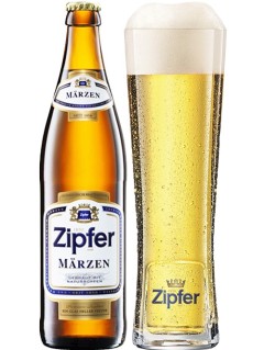 österreichisches Bier Zipfer Märzen in der 0,5 l Bierflasche mit vollem Bierglas